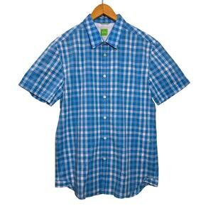 Hugo Boss Men’s Golf Shirt Blue Plaid Short Sleeve Button Down XL Luxury